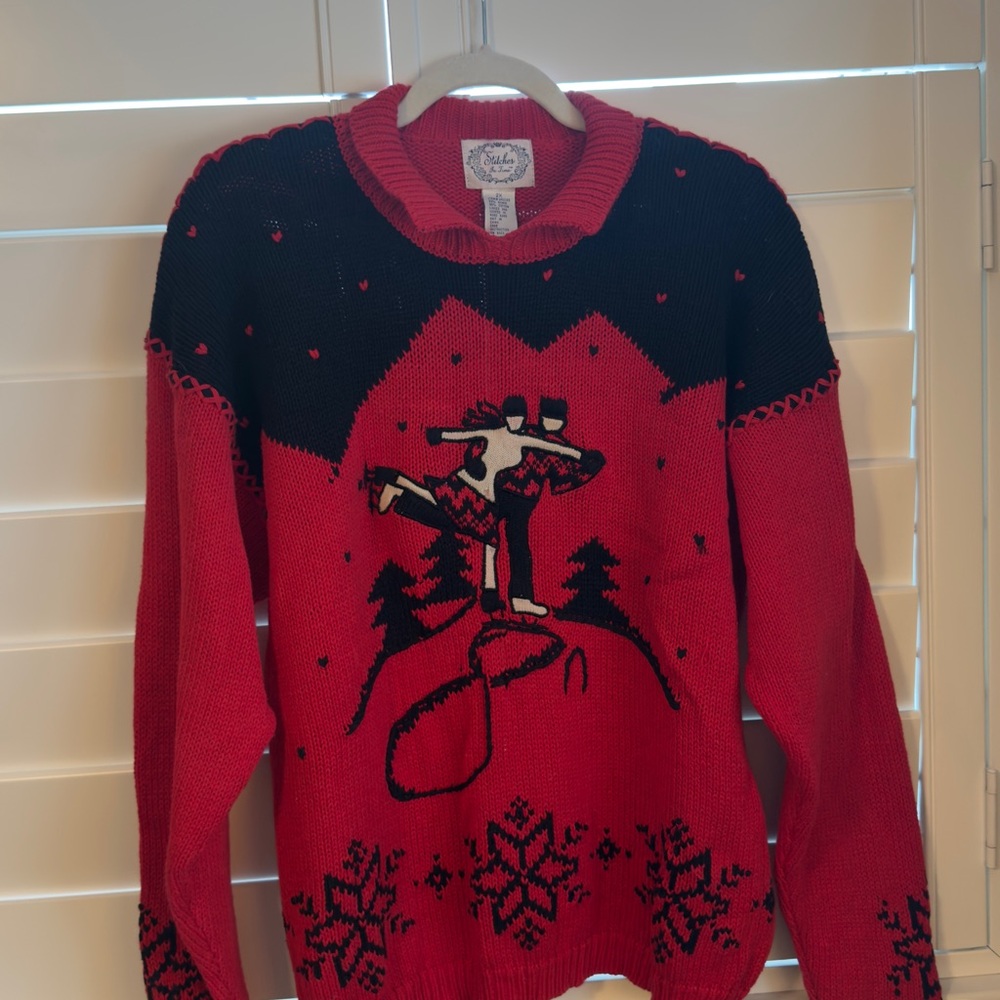 Vintage Red Skating scene sweater stitches in time 2x